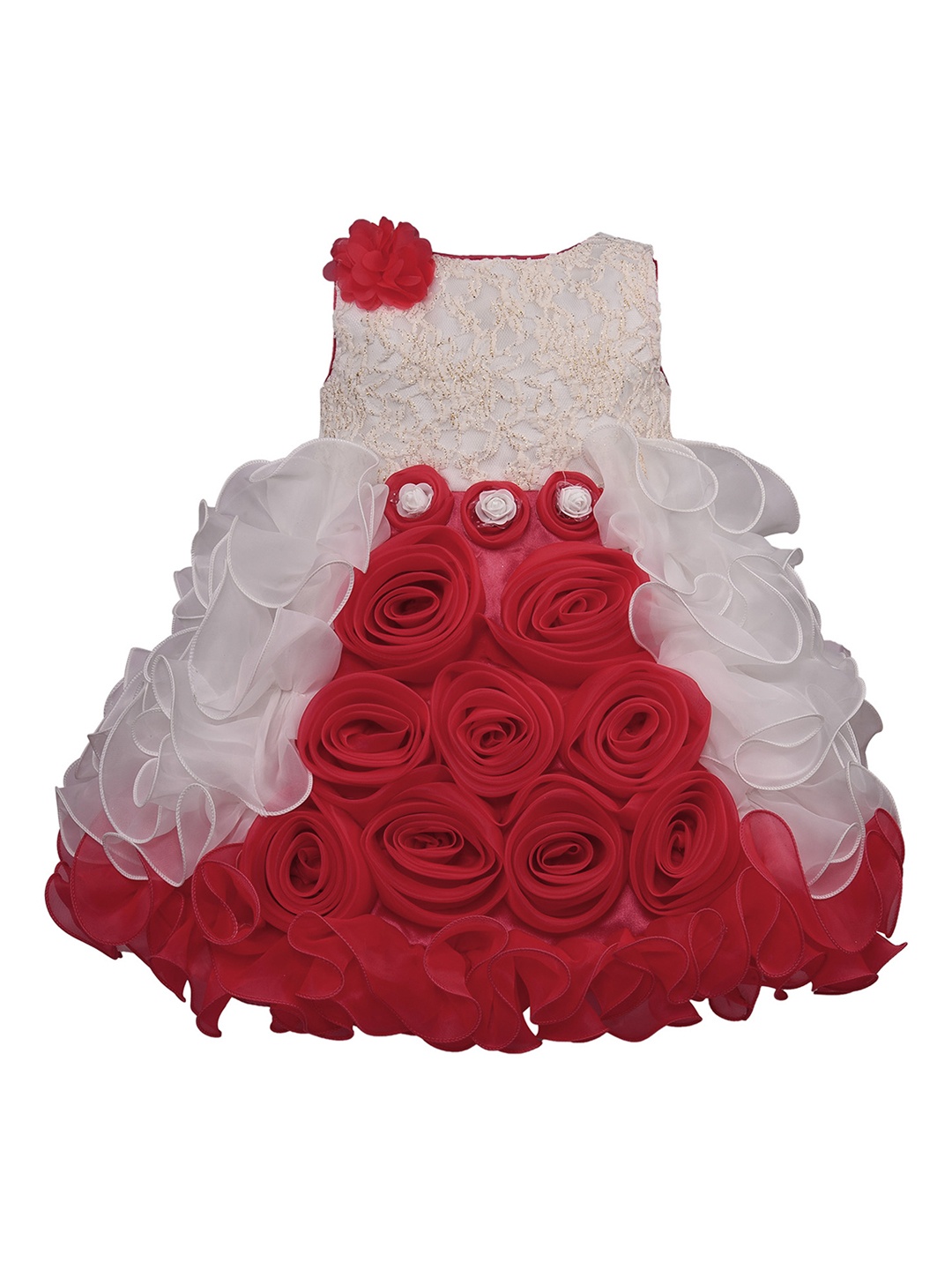 Wish Karo Girls Red & White Self Design Balloon Dress