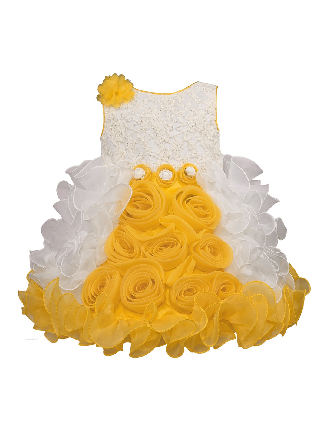 

Wish Karo Girls Yellow & White Self Design Balloon Dress