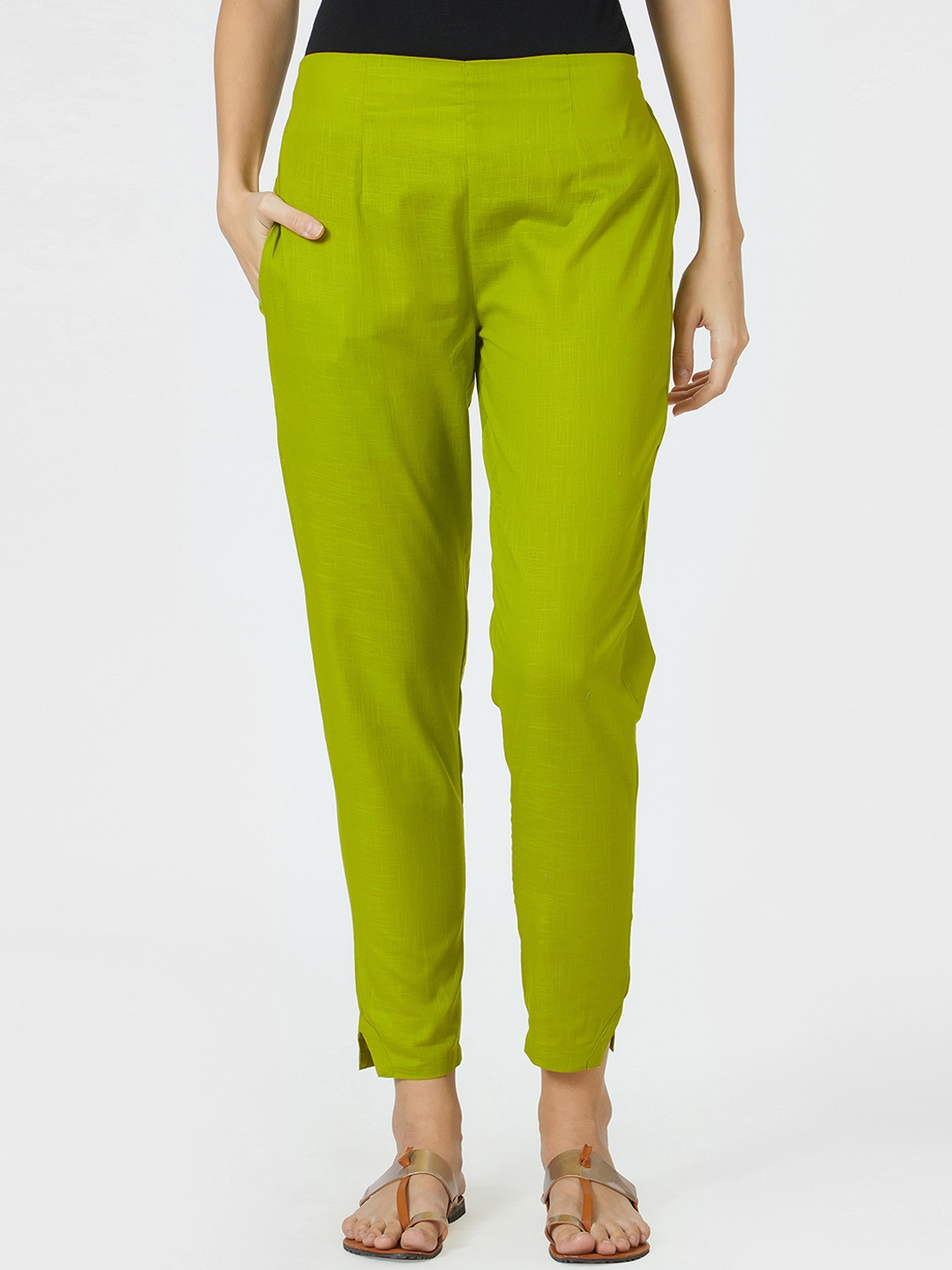 

breya Women Green Comfort Slim Fit Solid Cigarette Trousers