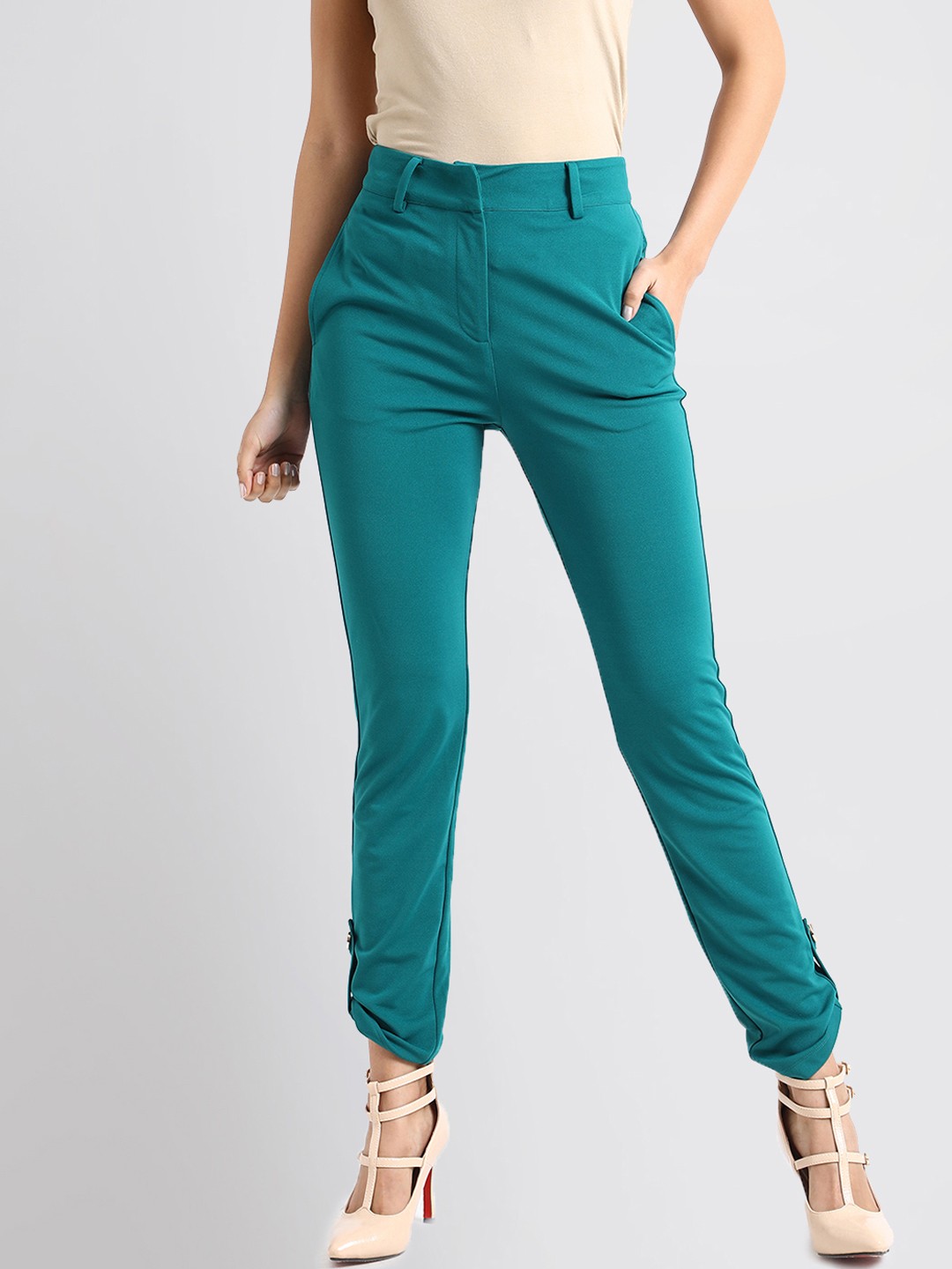 

Kazo Women Green Skinny Fit Solid Regular Trousers