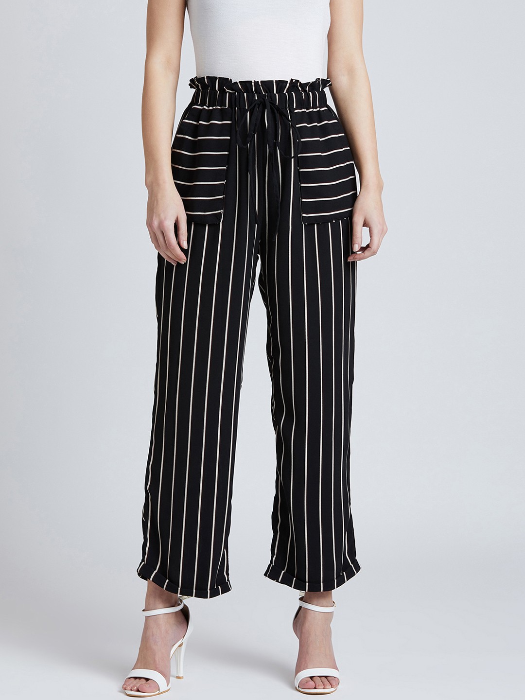 

RARE Women Black Regular Fit Striped Regular Trousers