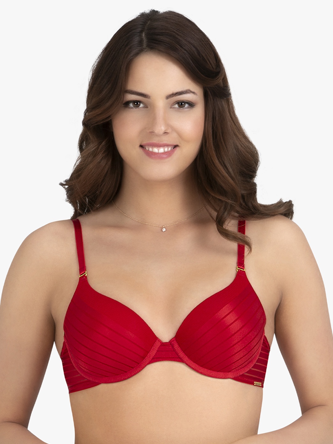 

Amante Solid Padded Wired Sheer Stripes T-shirt Bra - BRA14804, Red