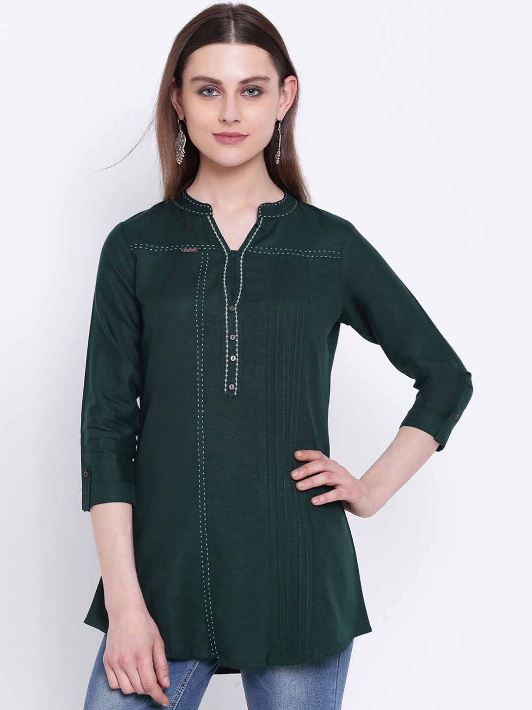 

Kvsfab Women Teal Green Embroidered A-Line Kurti