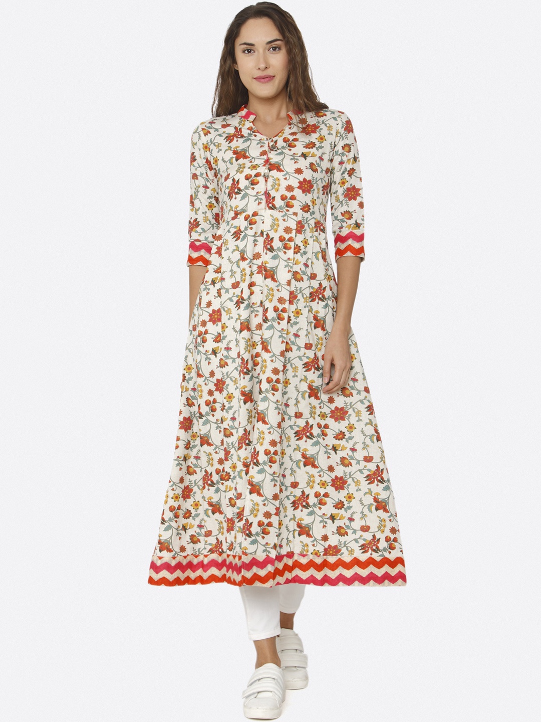 

Shiloh Women White & Orange Floral Print A-Line Kurta