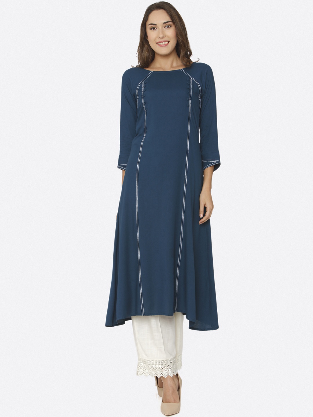 Shiloh Women Navy Blue Solid A-Line Kurta