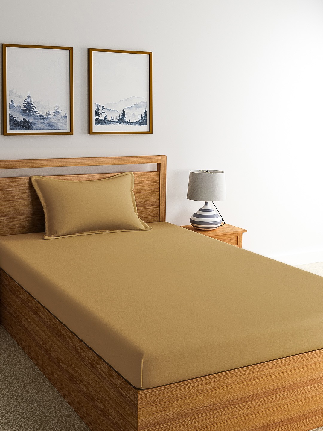 

Dreamscape Mustard Solid 600 TC Cotton 1 Single Bedsheet with 1 Pillow Covers