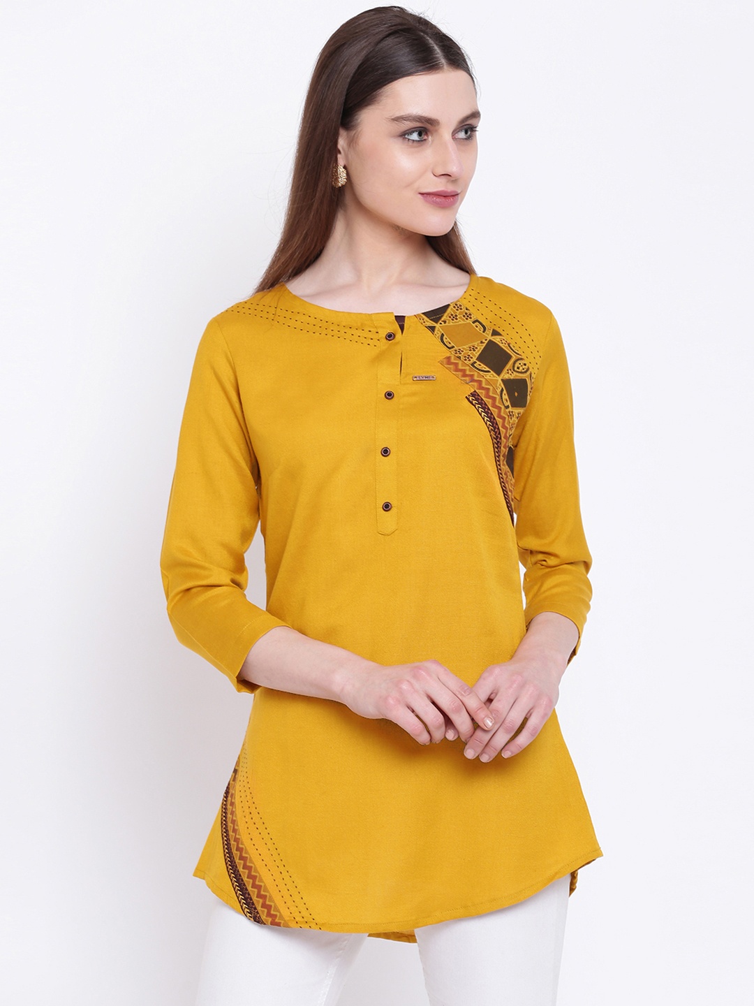 

Kvsfab Women Mustard Yellow Solid A-Line Kurti