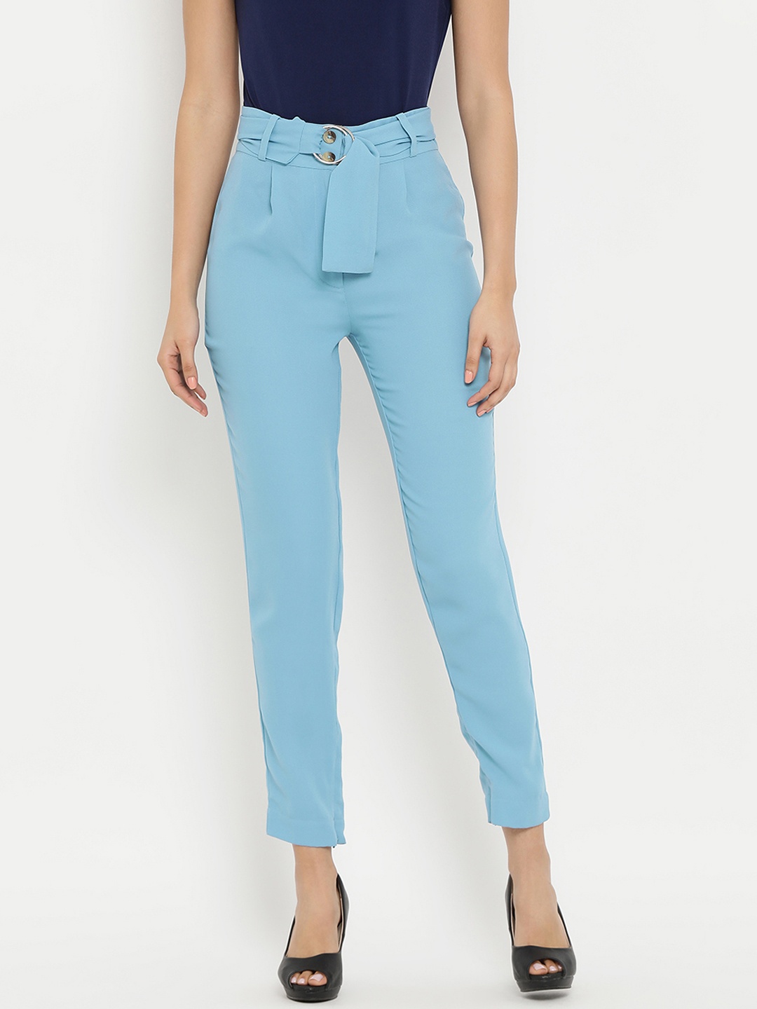 Kazo Women Blue Skinny Fit Solid Regular Trousers