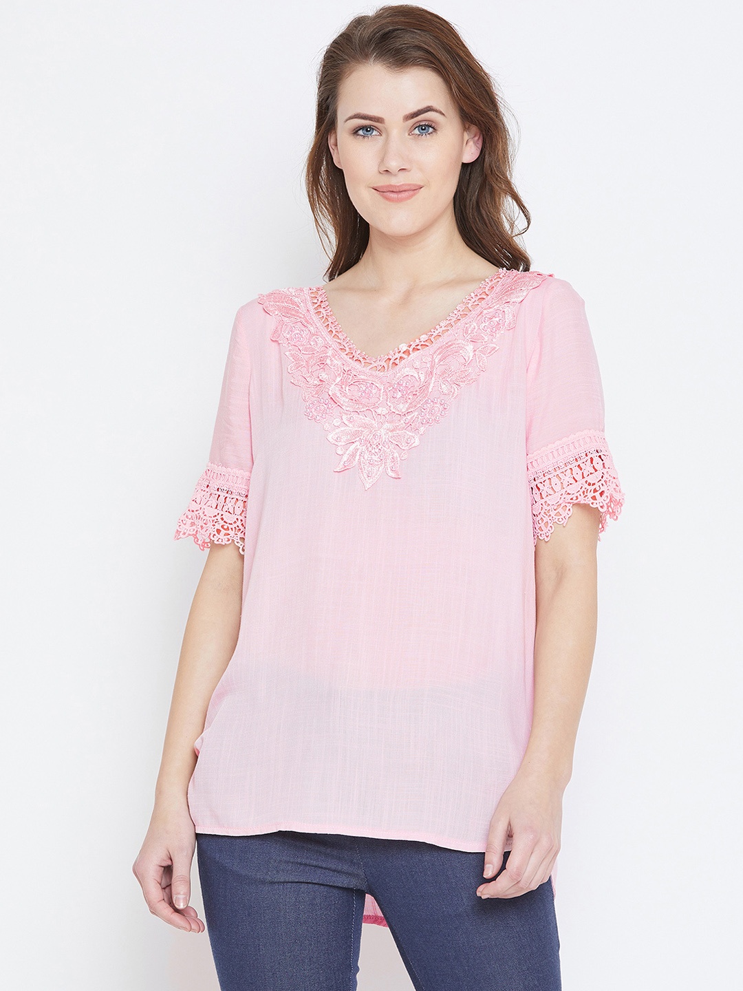 

Camey Women Pink Solid High-Low Top