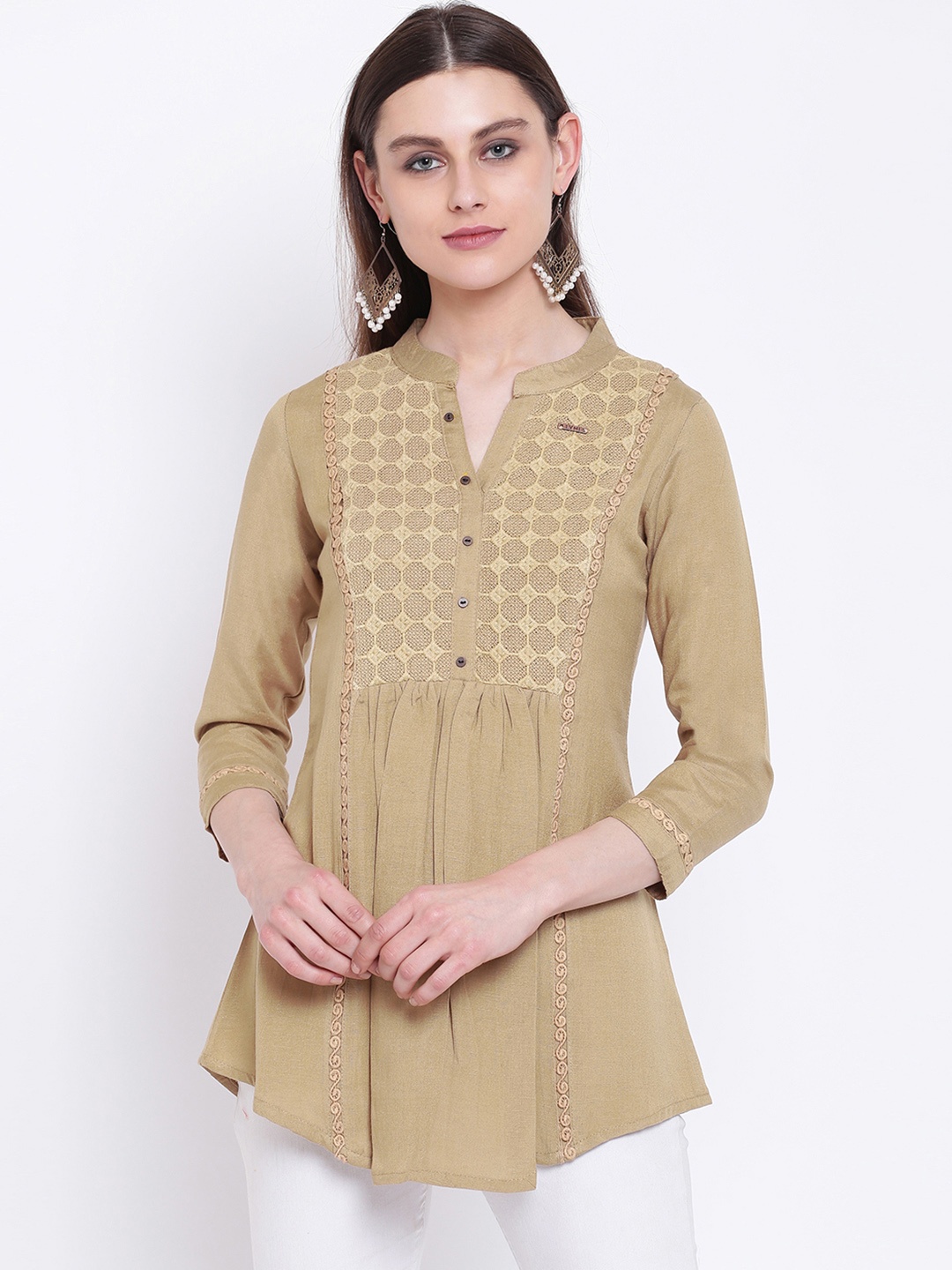 Kvsfab Women Beige Solid A-Line Kurti