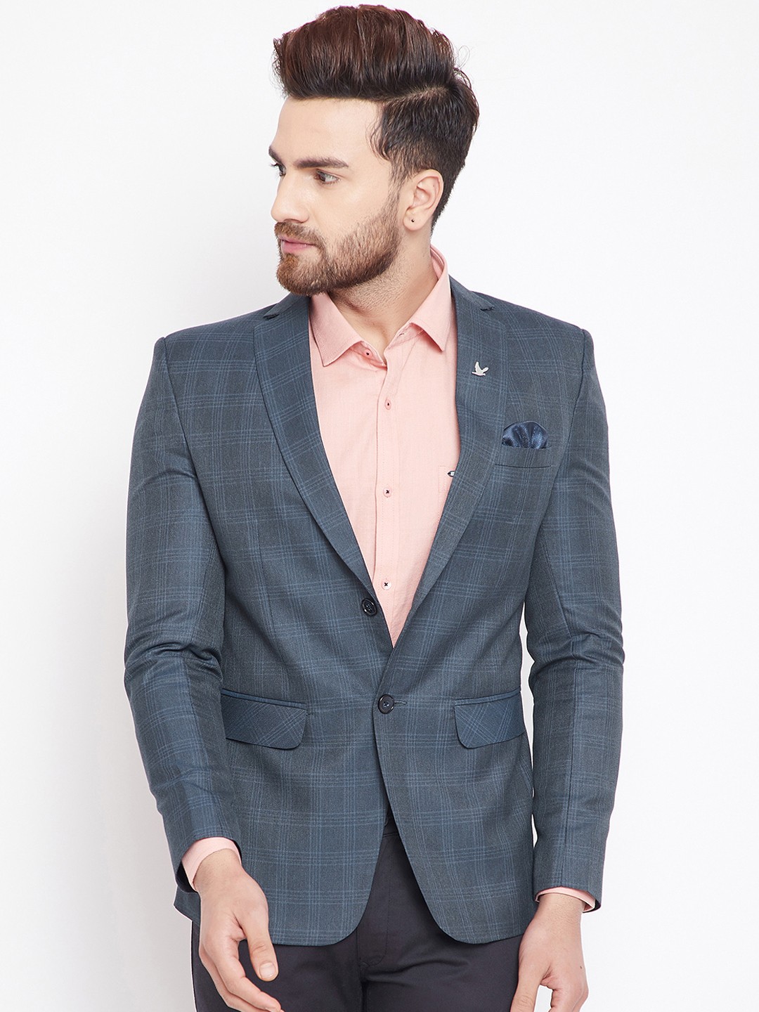 

Canary London Men Navy Blue Checked Slim-Fit Single-Breasted Blazer