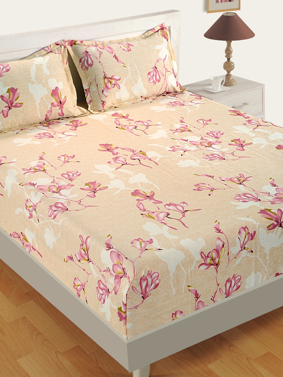 

SWAYAM Beige & Pink Floral 200 TC Cotton 1 Extra Large Bedsheet with 2 Pillow Covers