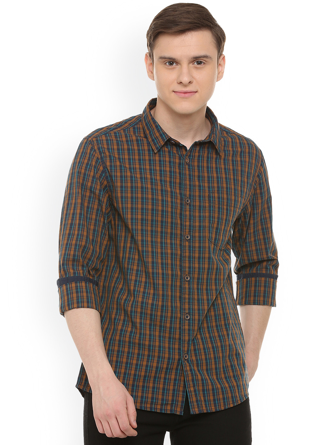 

People Men Brown & Blue Regular Fit Checked Casual Shirt