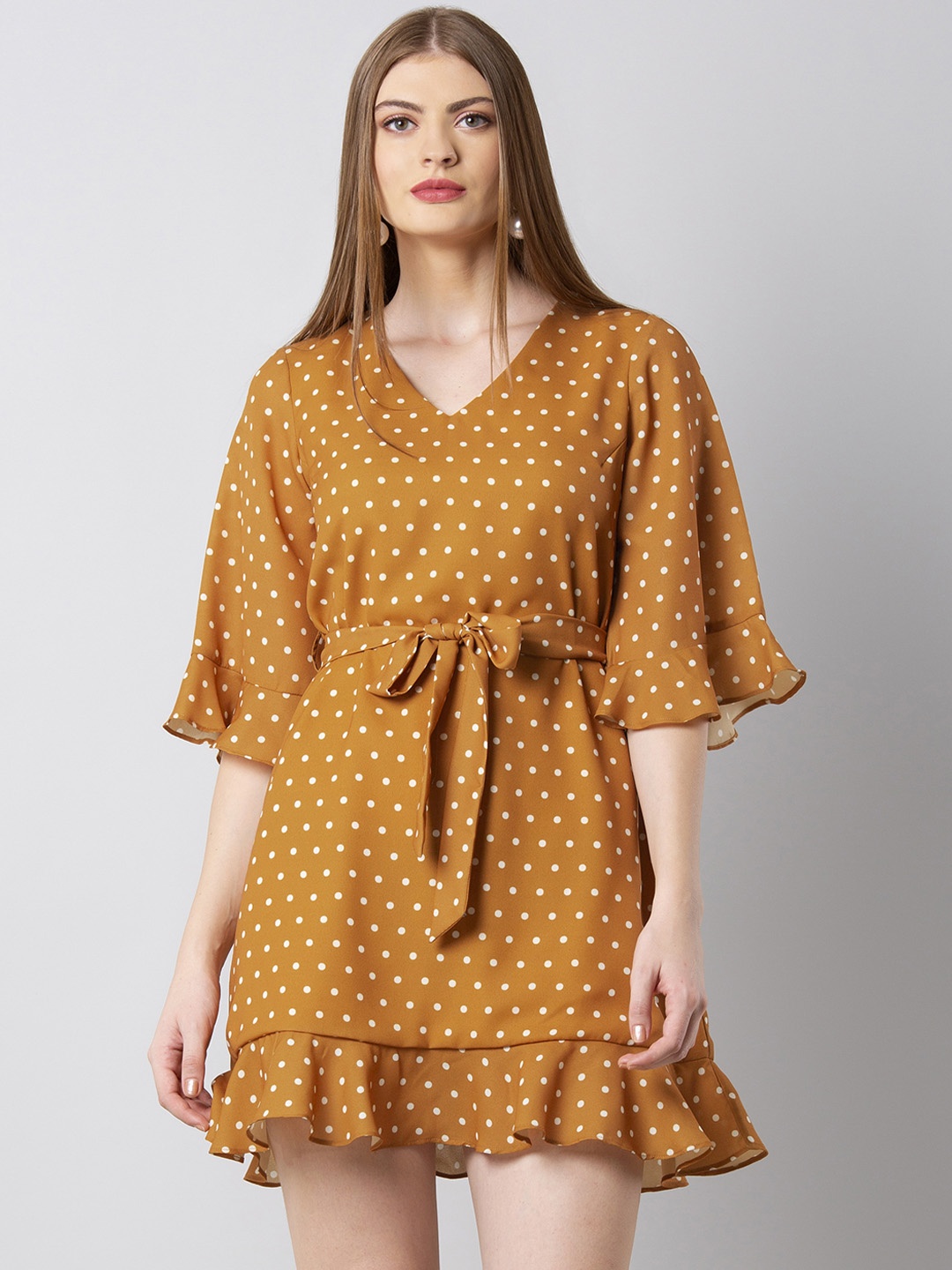 

FabAlley Women Mustard Yellow Printed Fit and Flare Dress