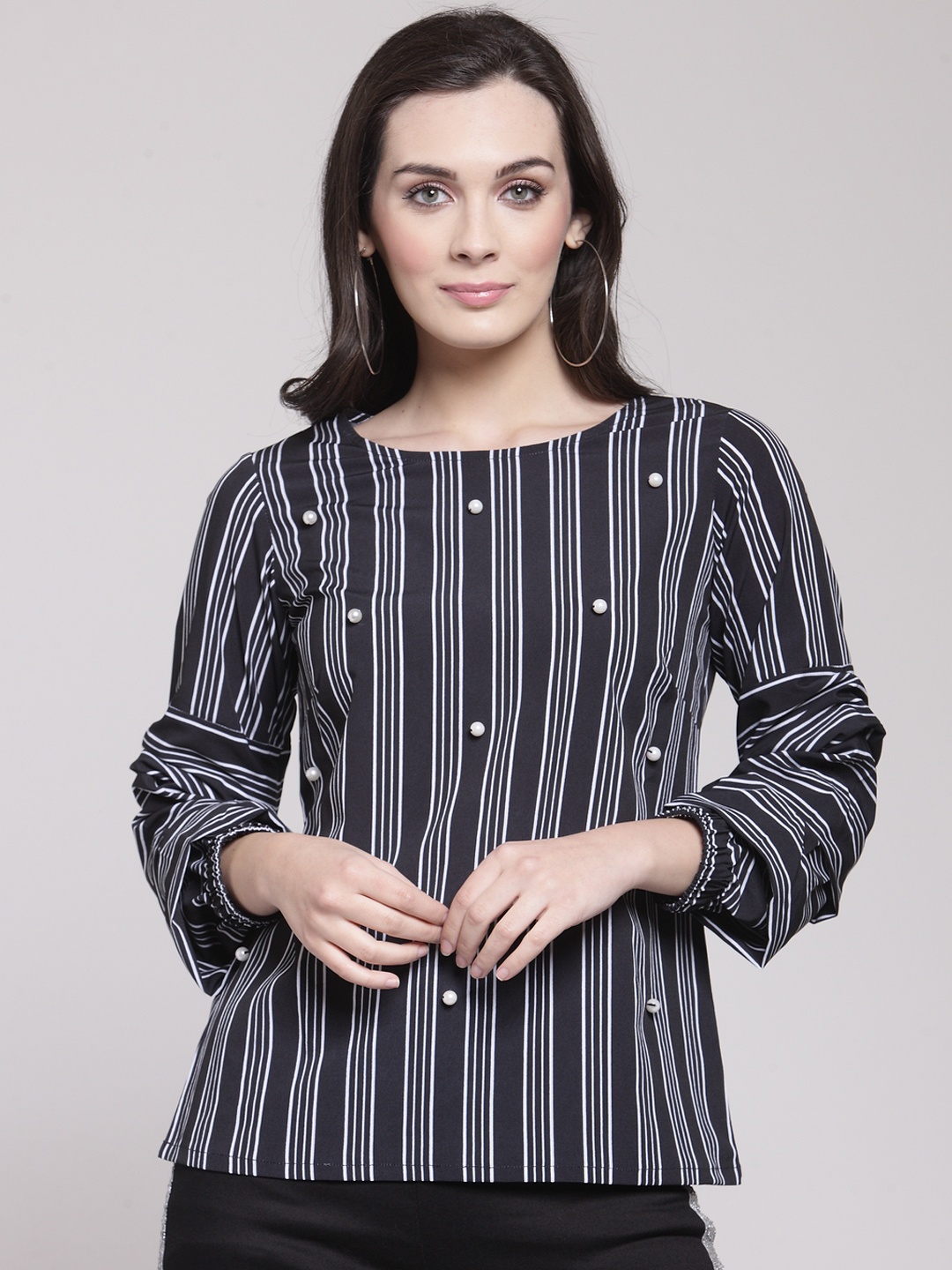 

plusS Women Black & Off-White Striped Top