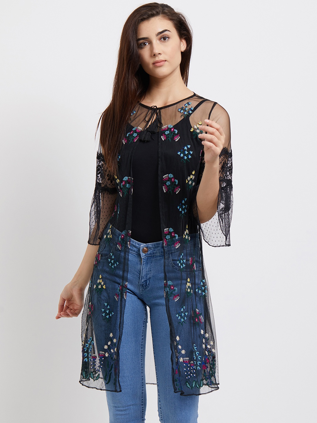 

109F Black Embroidered Tie-Up Shrug