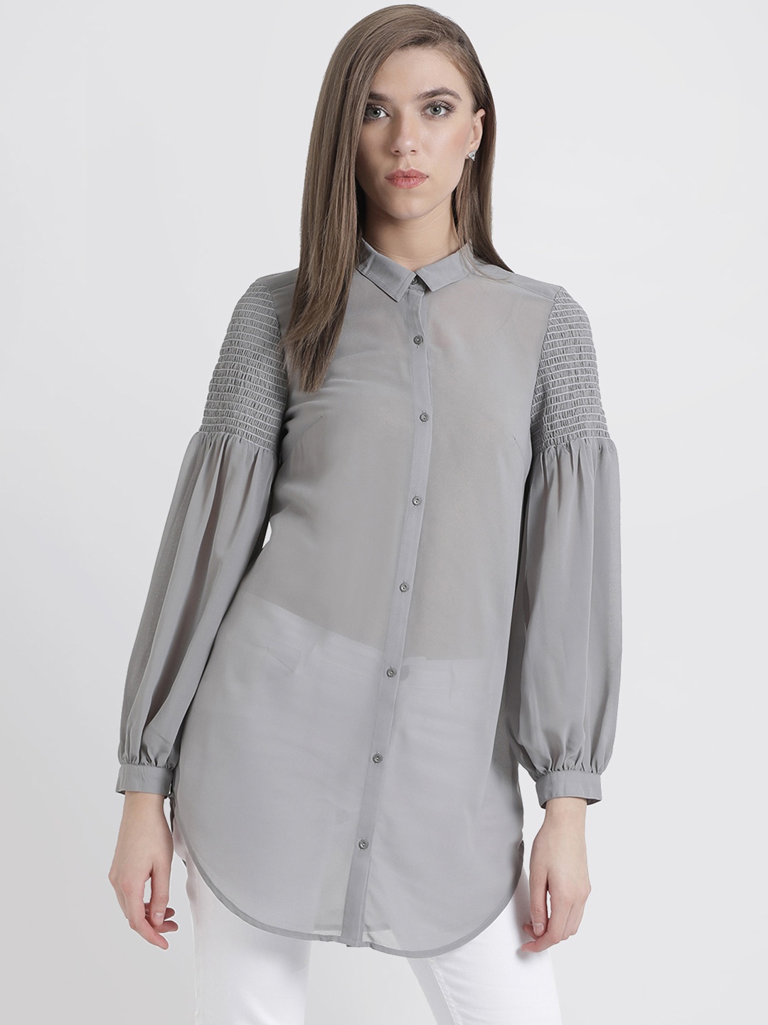 

Kazo Women Grey Regular Fit Solid Casual Shirt