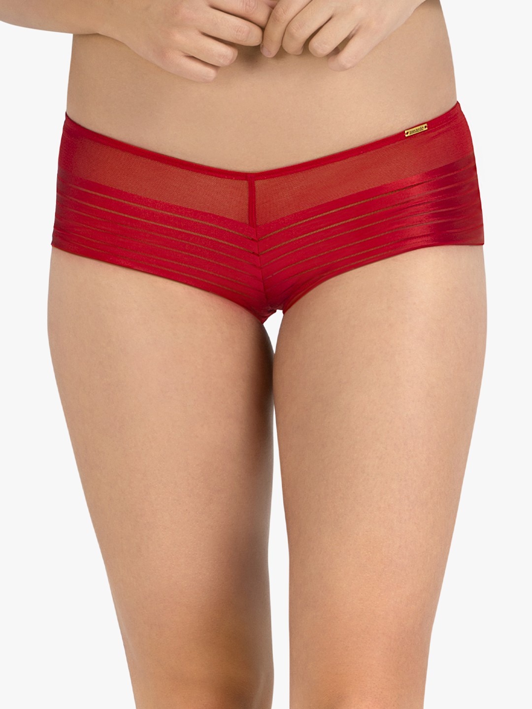

Amante Women Solid Low Rise Sheer Stripes Boyshort Brief - PAN14804, Red