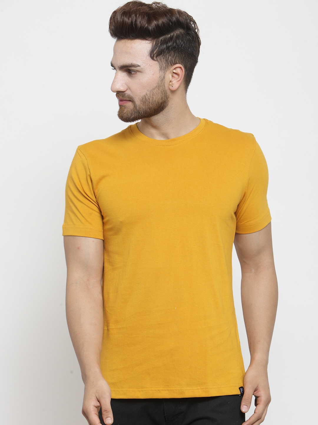 Friskers Men Mustard Yellow Solid Round Neck Pure Cotton T-shirt