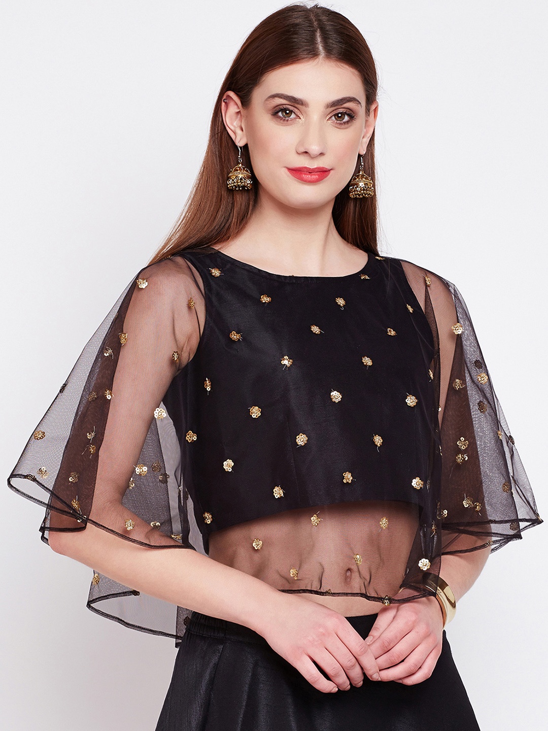

studio rasa Women Net Sequins Embroidered Cape Top, Black