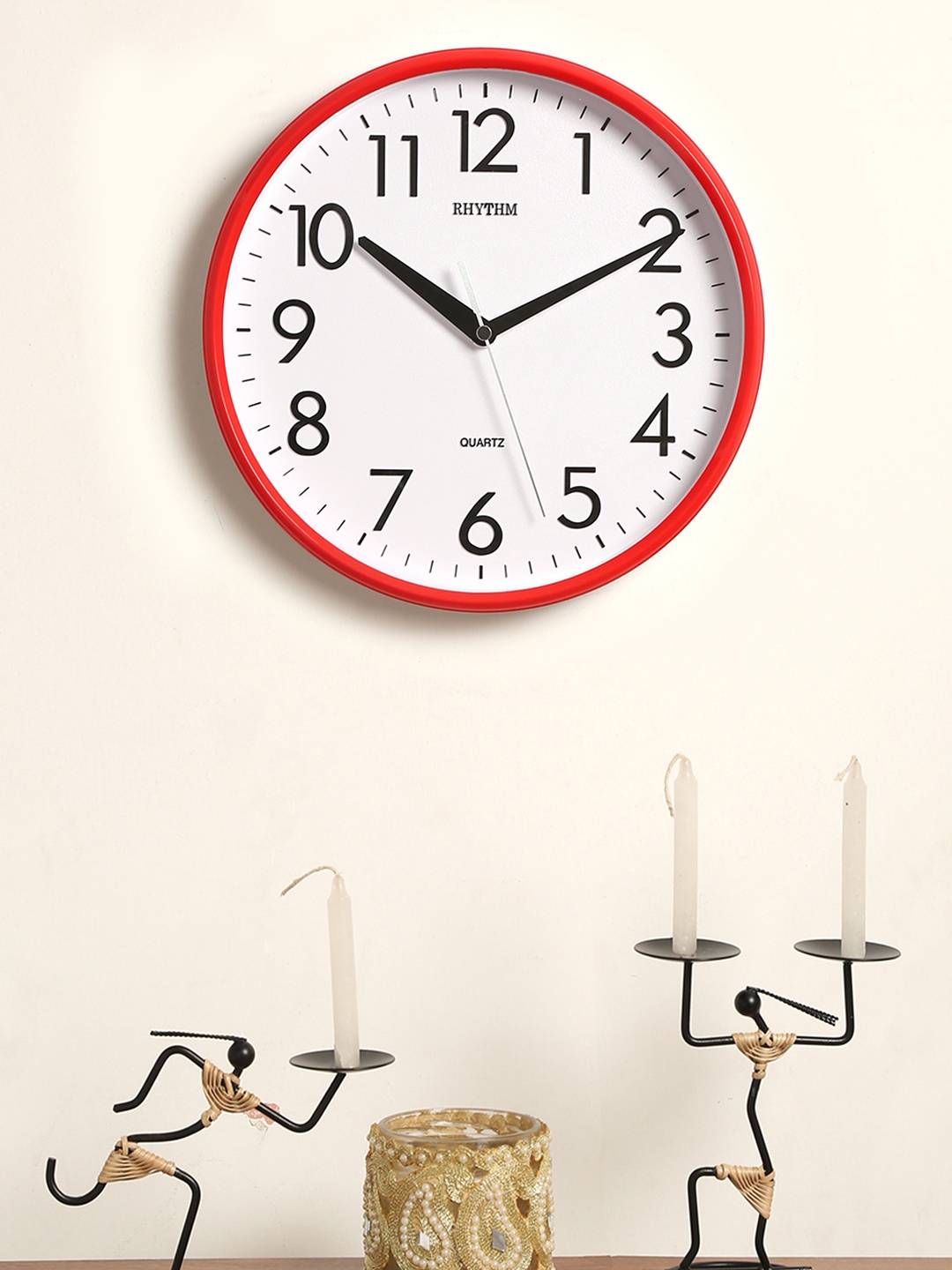 Rhythm White & Red Handcrafted Round Solid Analogue Wall Clock