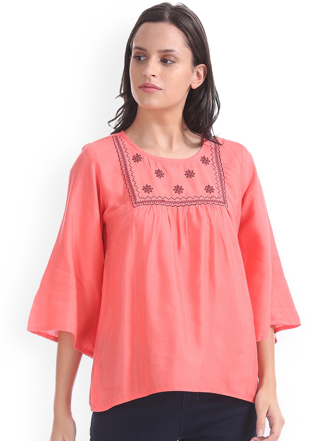 

Bronz Women Peach-Coloured Embroidered A-Line Top