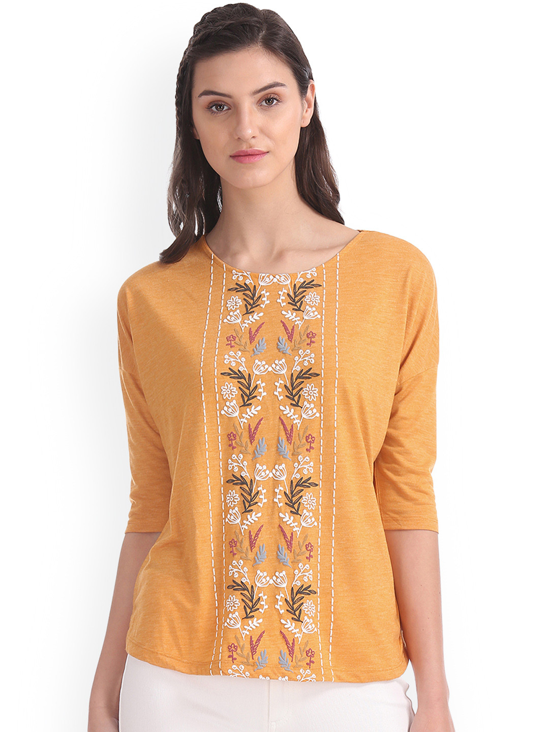 

Cherokee Women Mustard Yellow Self Design Top
