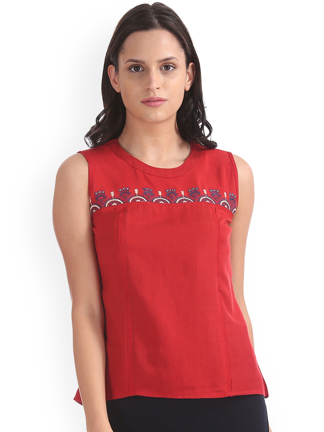Bronz Women Red Embroidered Top