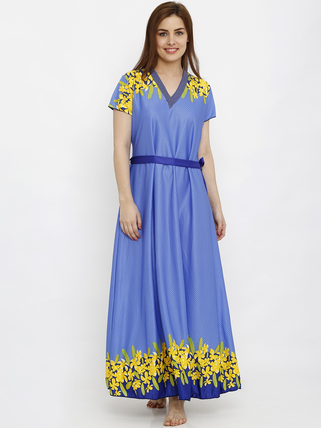 

Pretty Awesome Blue & Yellow Printed Nightdress PTAS206