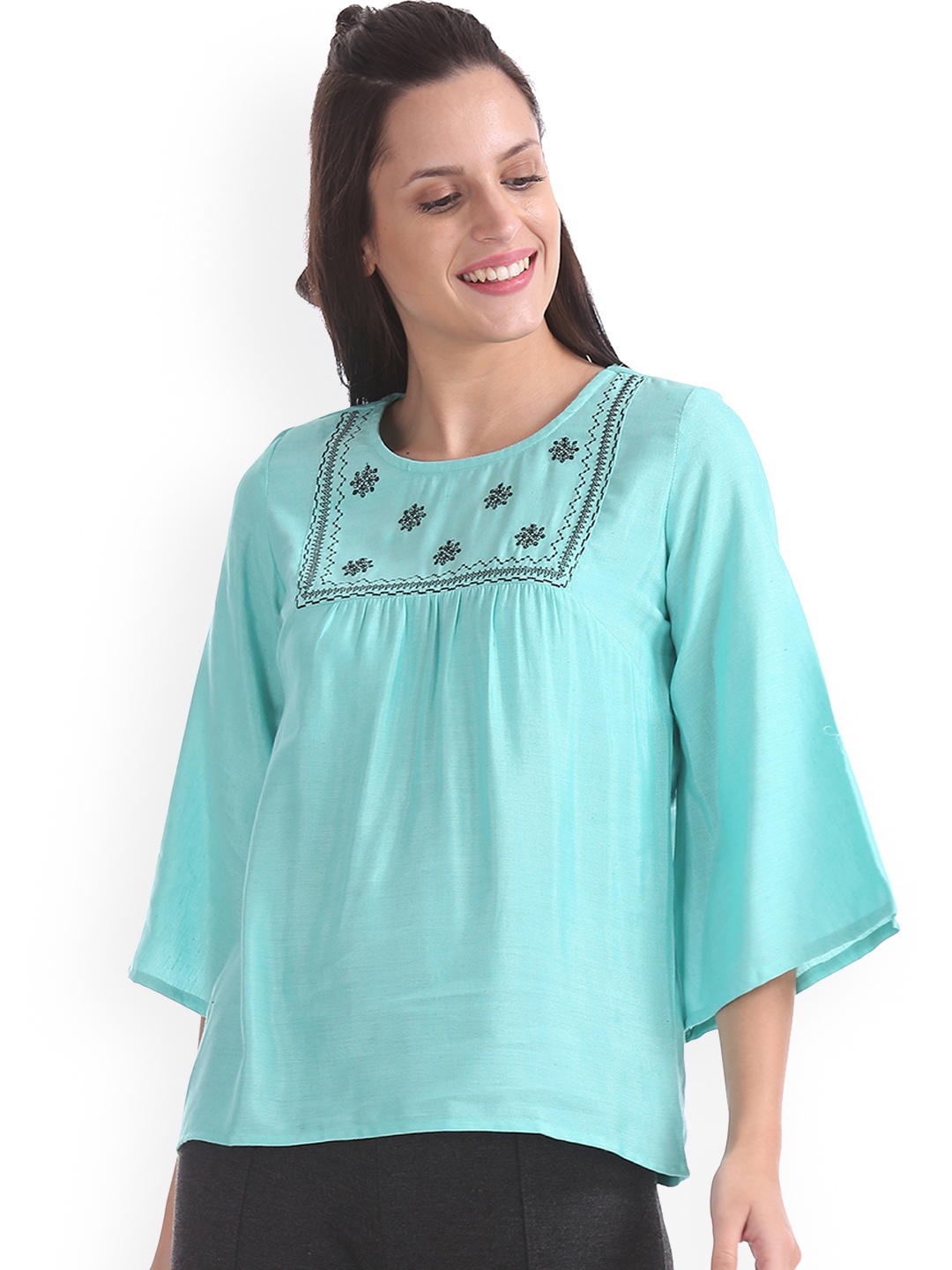 

Bronz Women Sea Green Embroidered A-Line Top