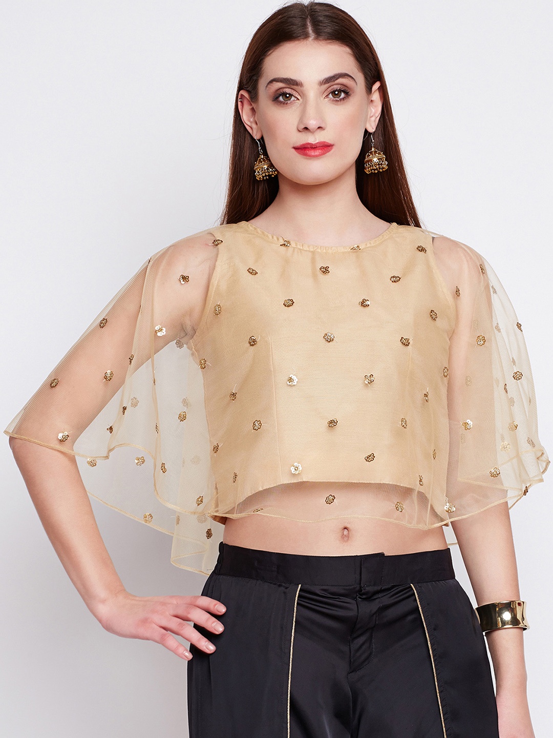 

studio rasa Women Net Sequins Embroidered Cape Top, Beige