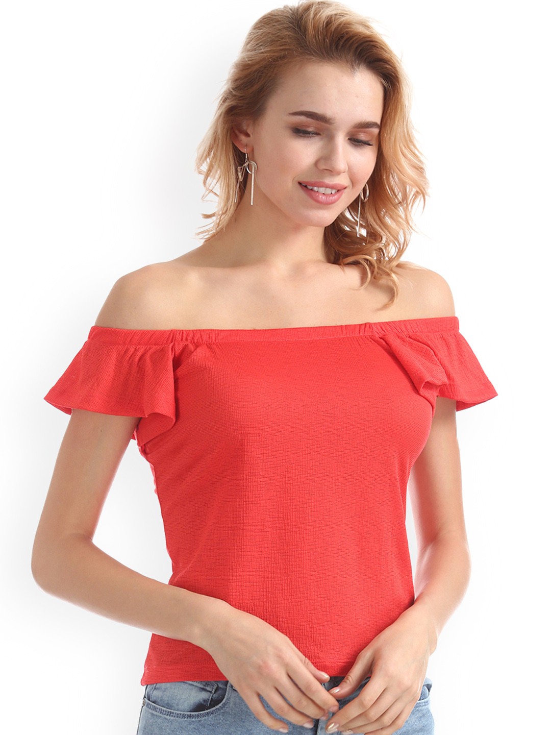 

Sugr Women Red Solid Bardot Top