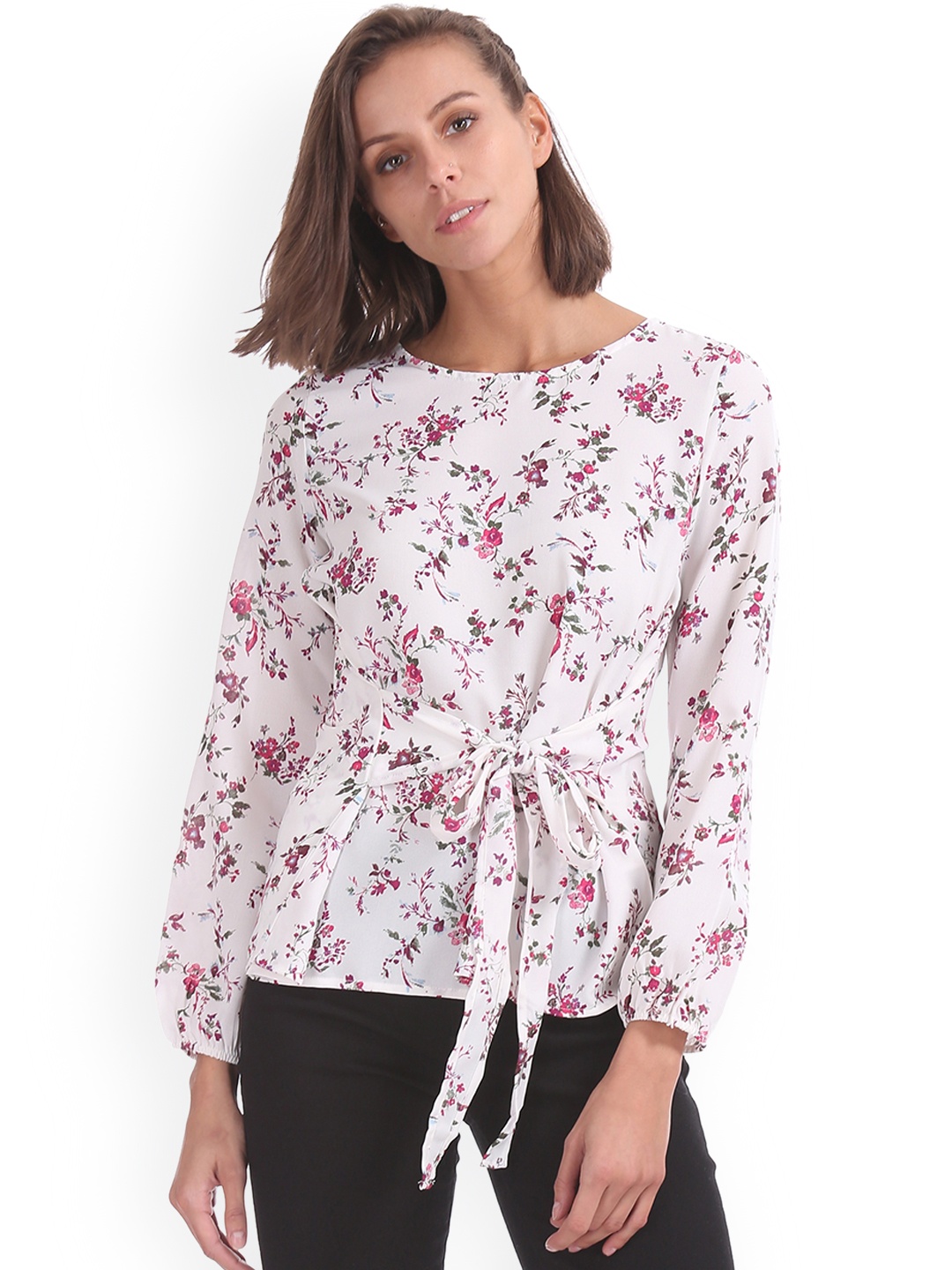 

Cherokee Women White Printed Cinched Waist Top