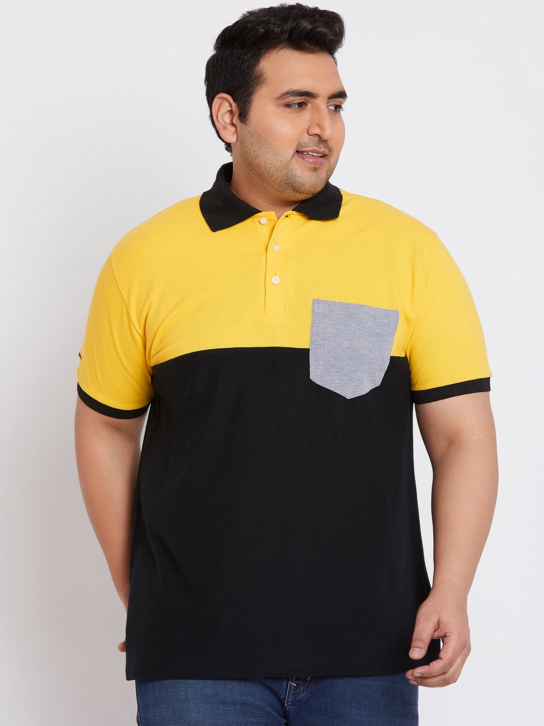 

bigbanana Plus Size Men Black Yellow Colourblocked Polo Collar Pure Cotton T-shirt