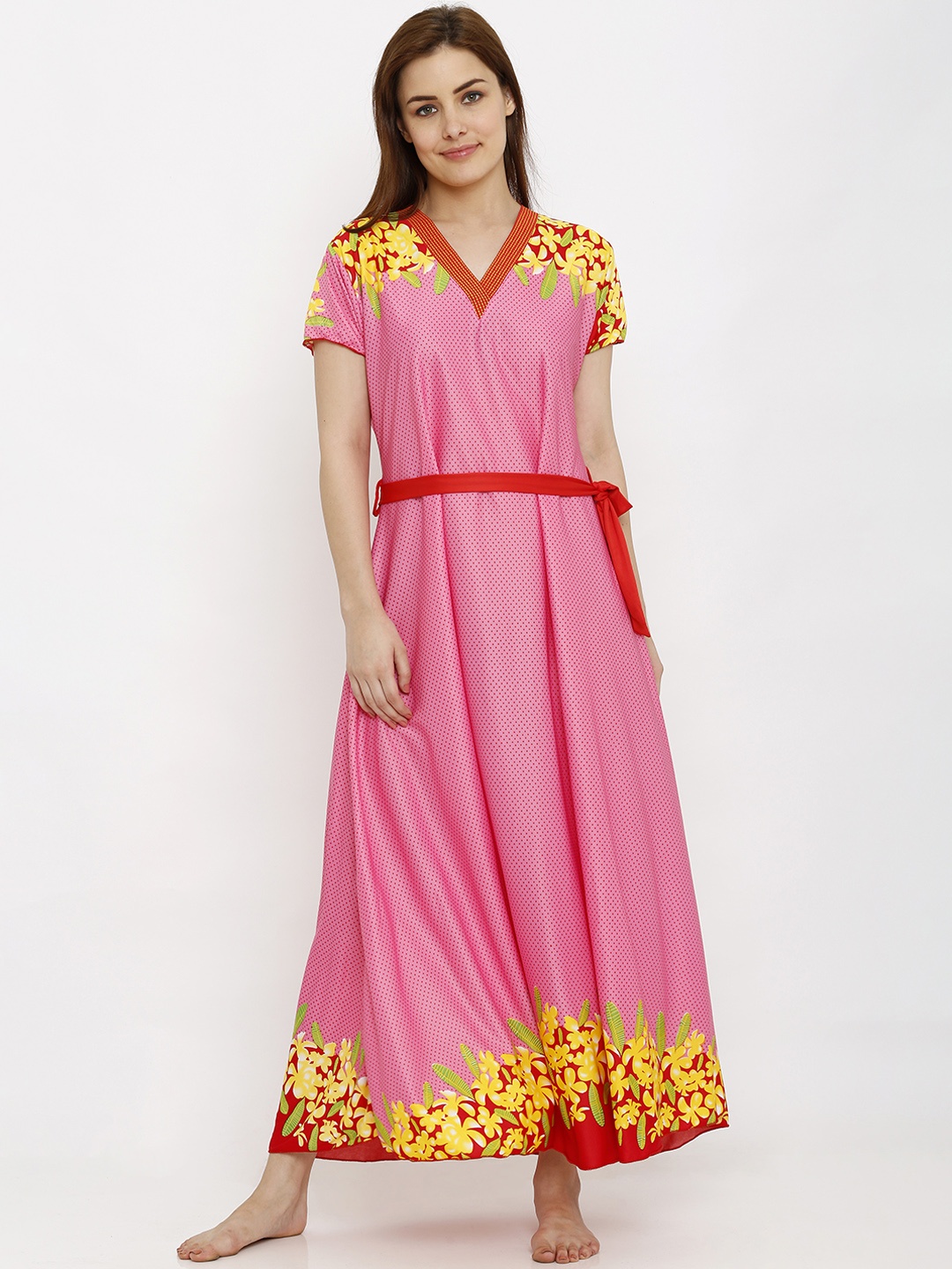 

Pretty Awesome Pink & Yellow Printed Nightdress PTAS205