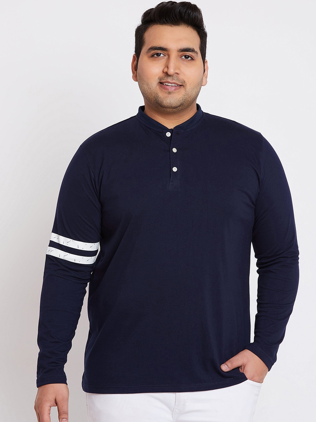 

bigbanana Plus Size Men Navy Blue Solid Mandarin Collar Pure Cotton T-shirt