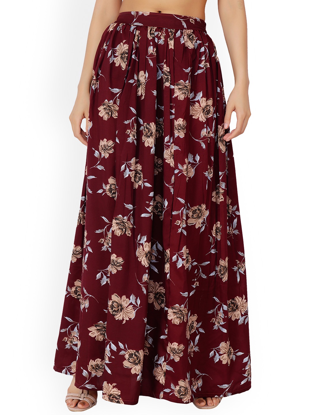 

SCORPIUS Women Maroon Floral Printed Flared Maxi Skirt