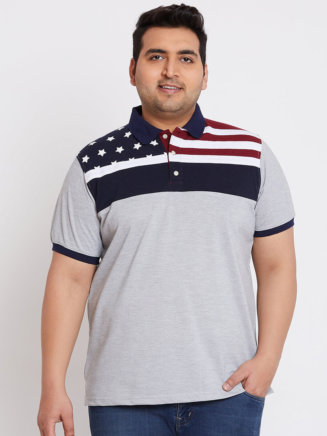 

bigbanana Plus Size Men Grey Printed Polo Collar Pure Cotton T-shirt