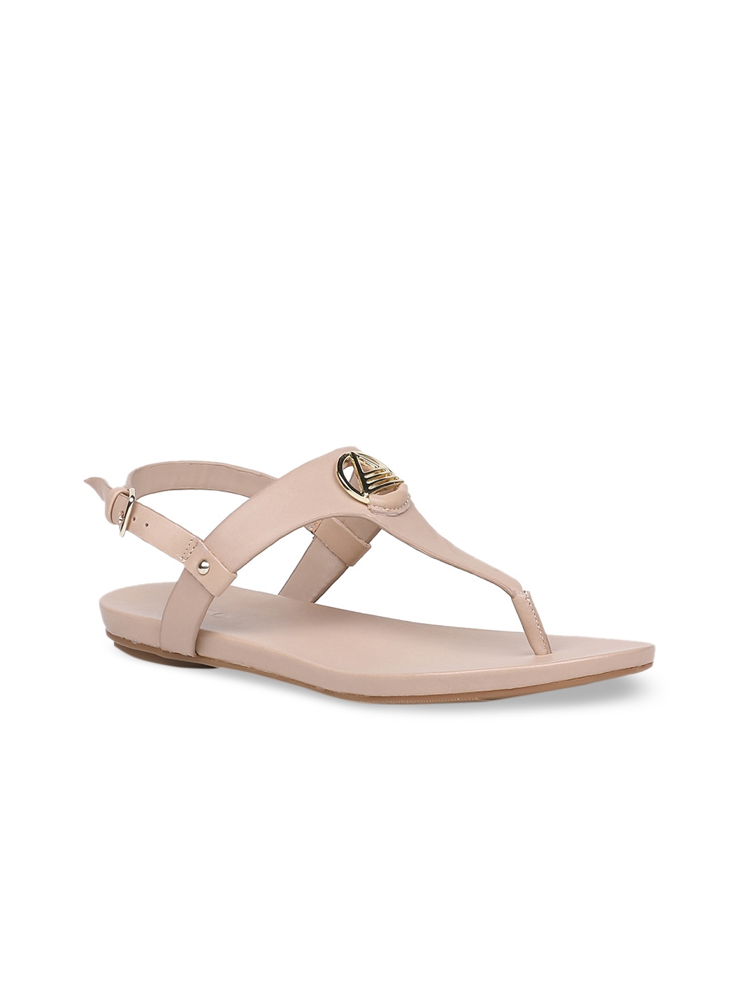 

ALDO Women Beige Solid Leather T-Strap Flats