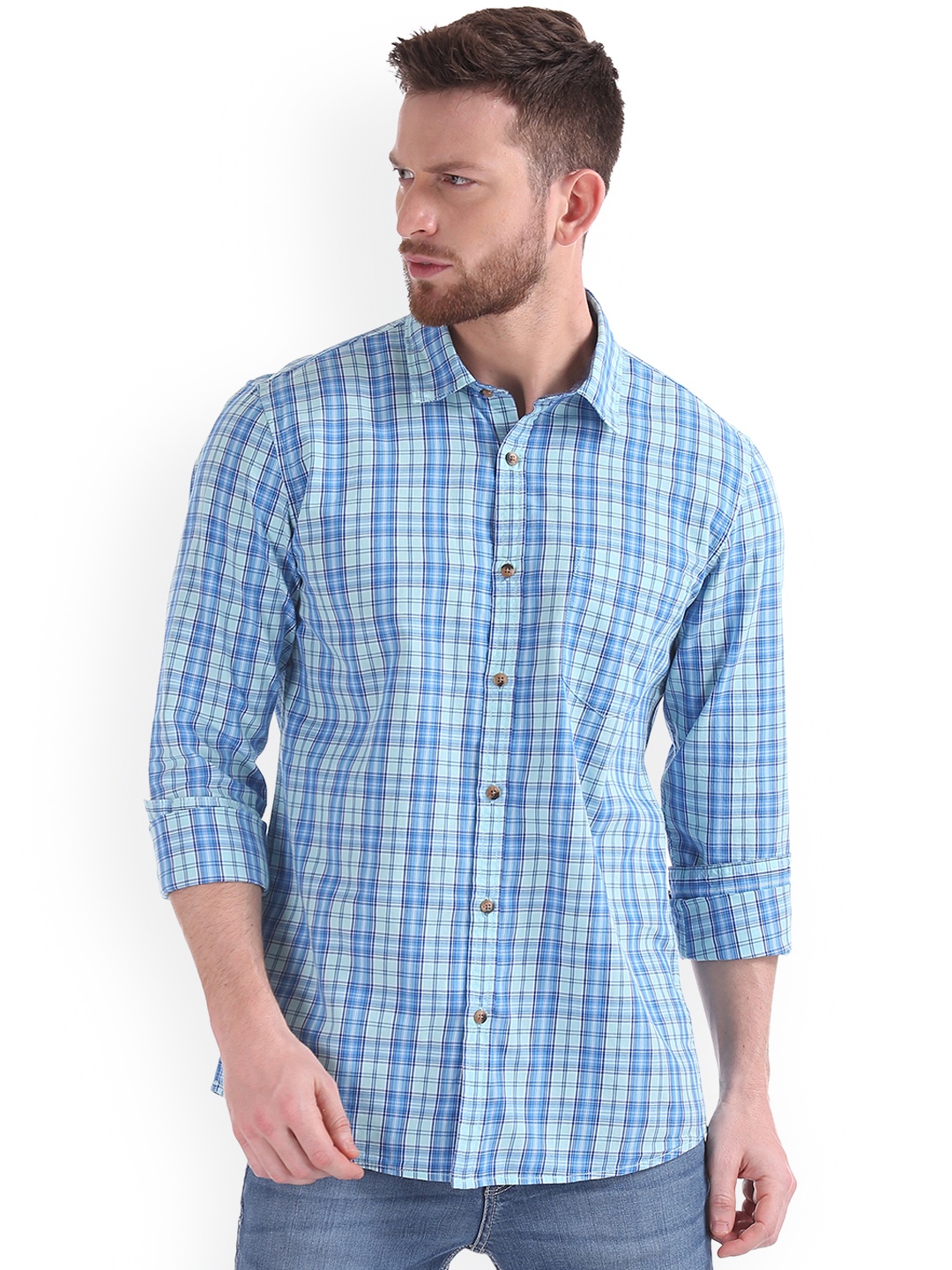 

Ruggers Men Blue Regular Fit Checked Casual Shirt