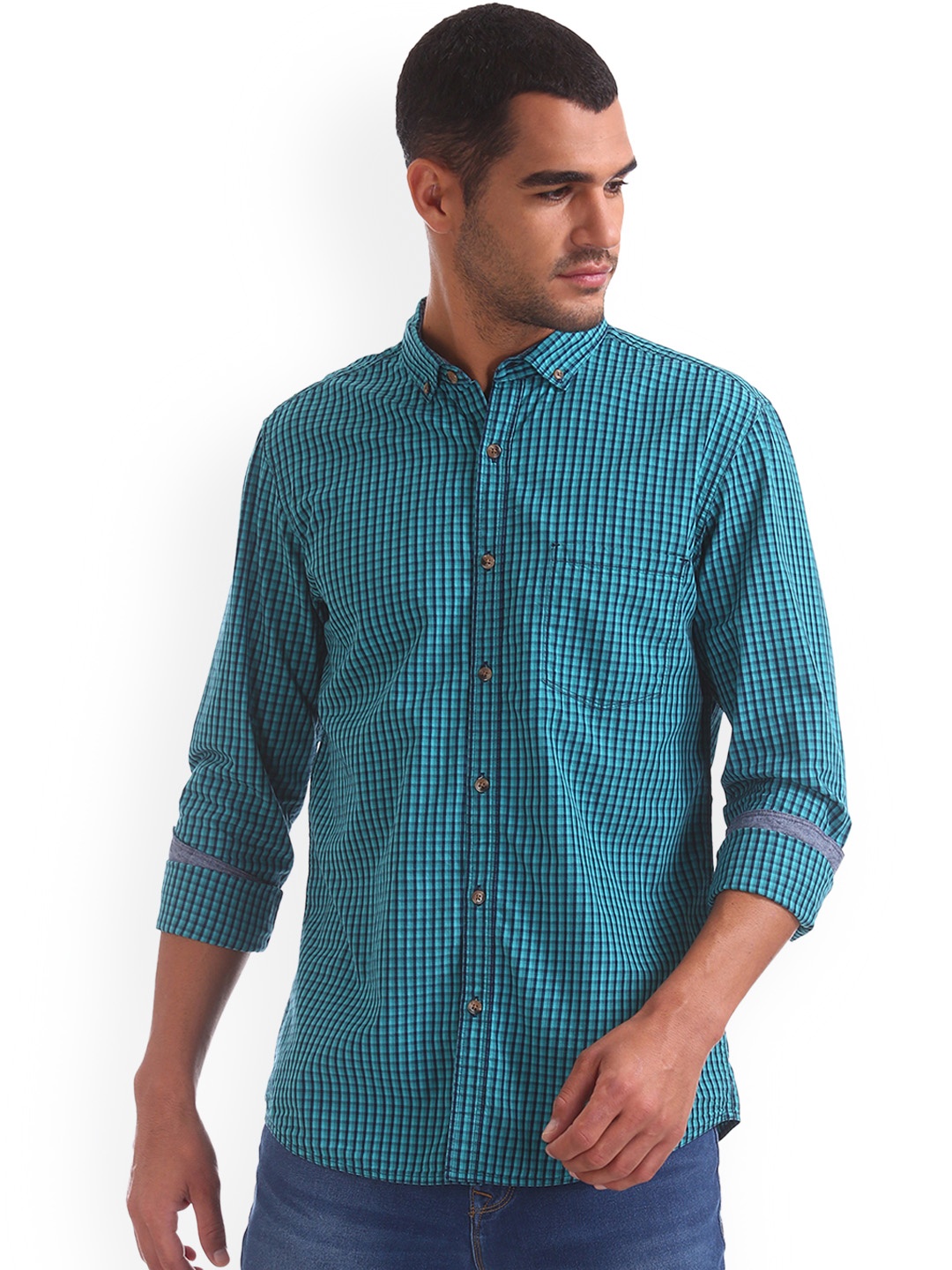 

Ruggers Men Green Regular Fit Checked Casual Shirt