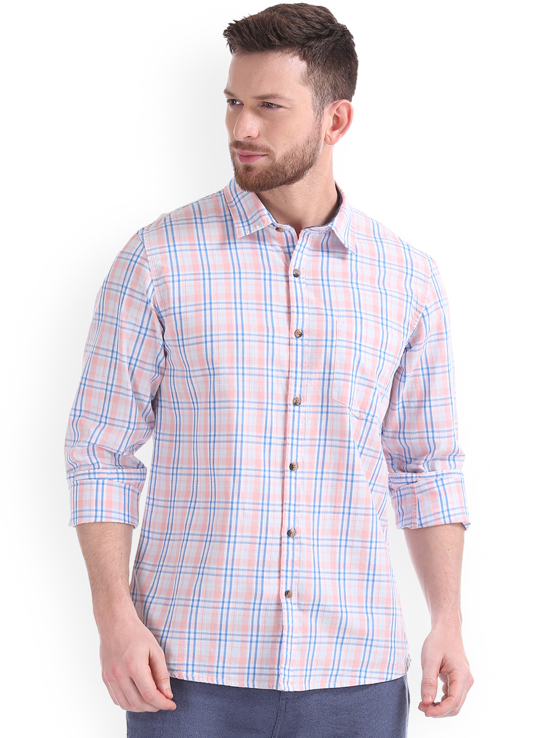 

Ruggers Men Pink & Blue Regular Fit Checked Casual Shirt