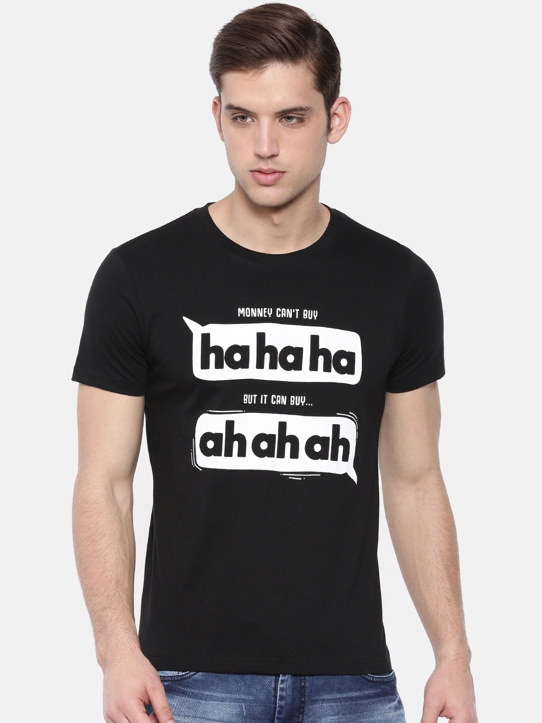 

Bushirt Men Black Printed Round Neck Pure Cotton T-shirt