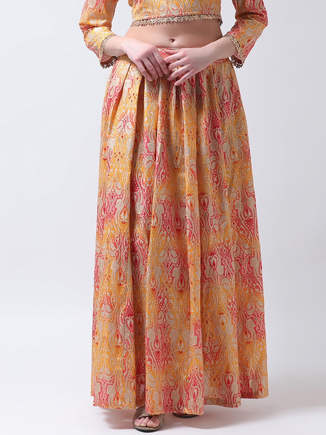 

Castle Women Yellow & Peach-Coloured Printed Flared Maxi Skirt