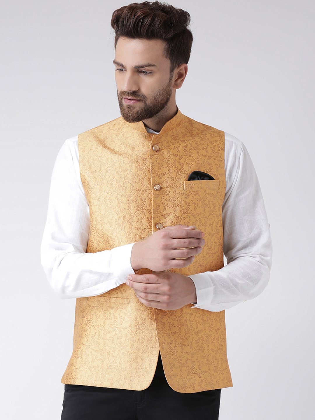 

Hangup Men Gold-Toned Printed Nehru Jacket