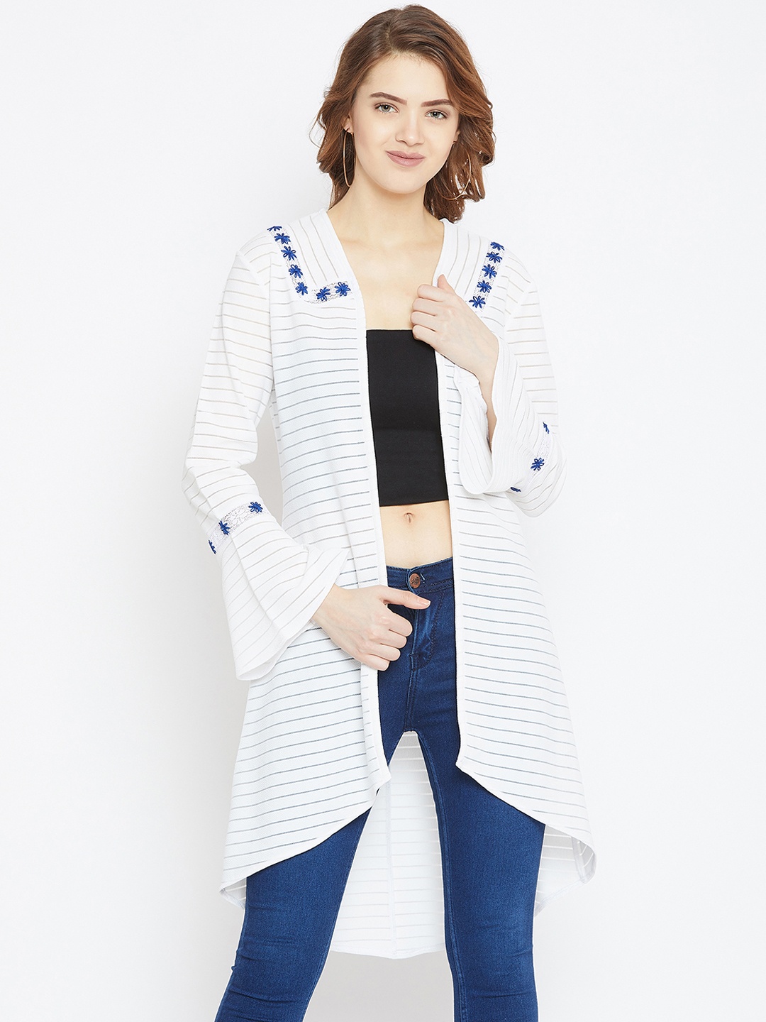 Zastraa White Striped Open Front Longline Shrug