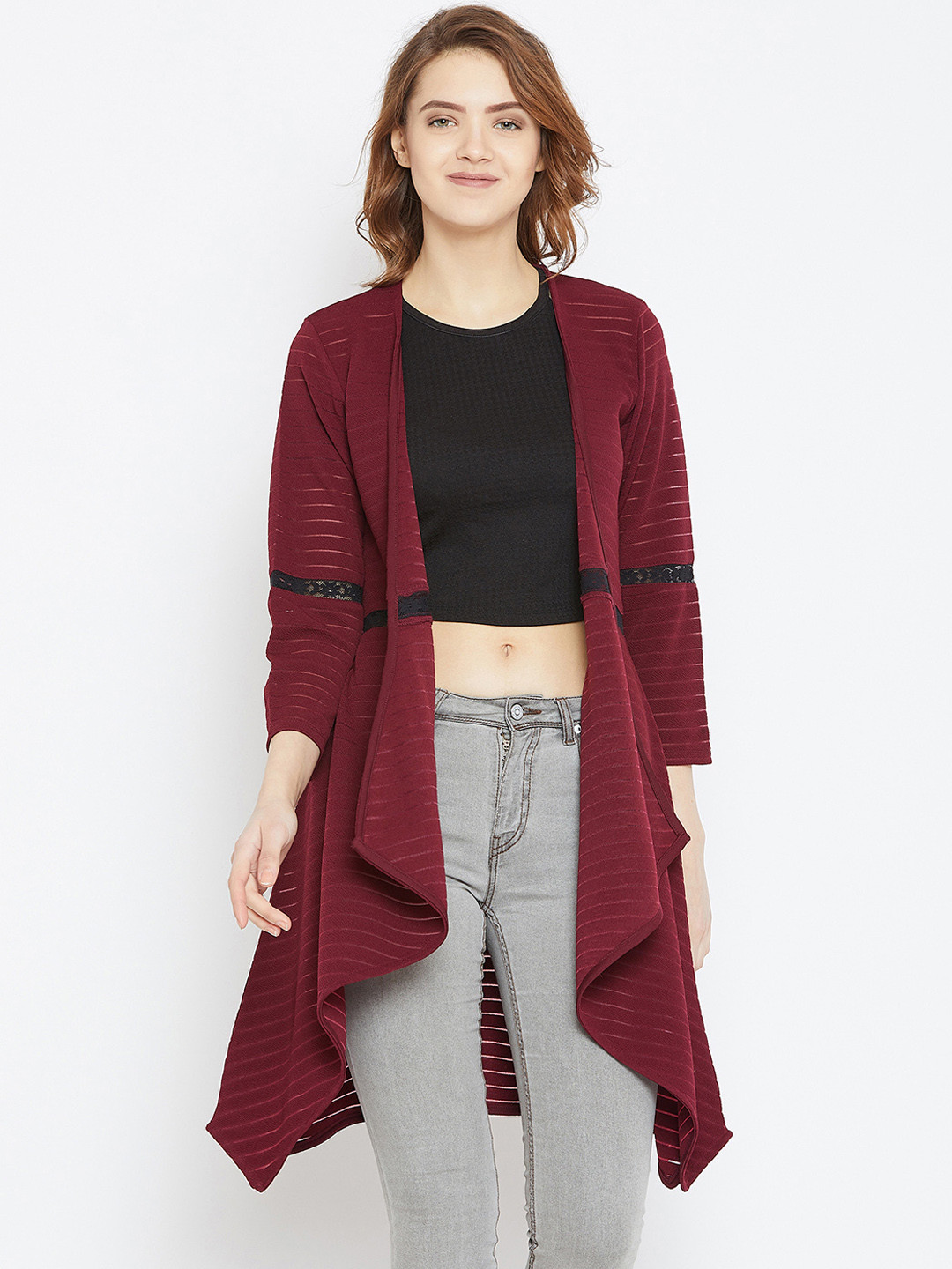 

Zastraa Maroon Solid Open Front Longline Shrug