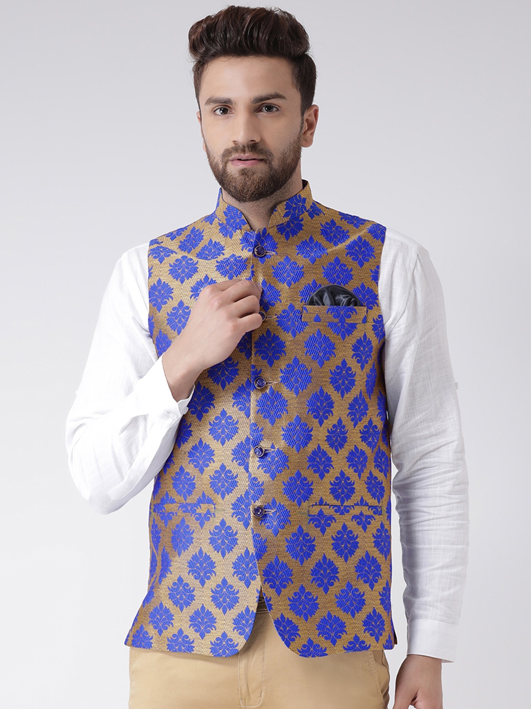 

Hangup Men Blue & Gold-Coloured Printed Linen Nehru Jacket