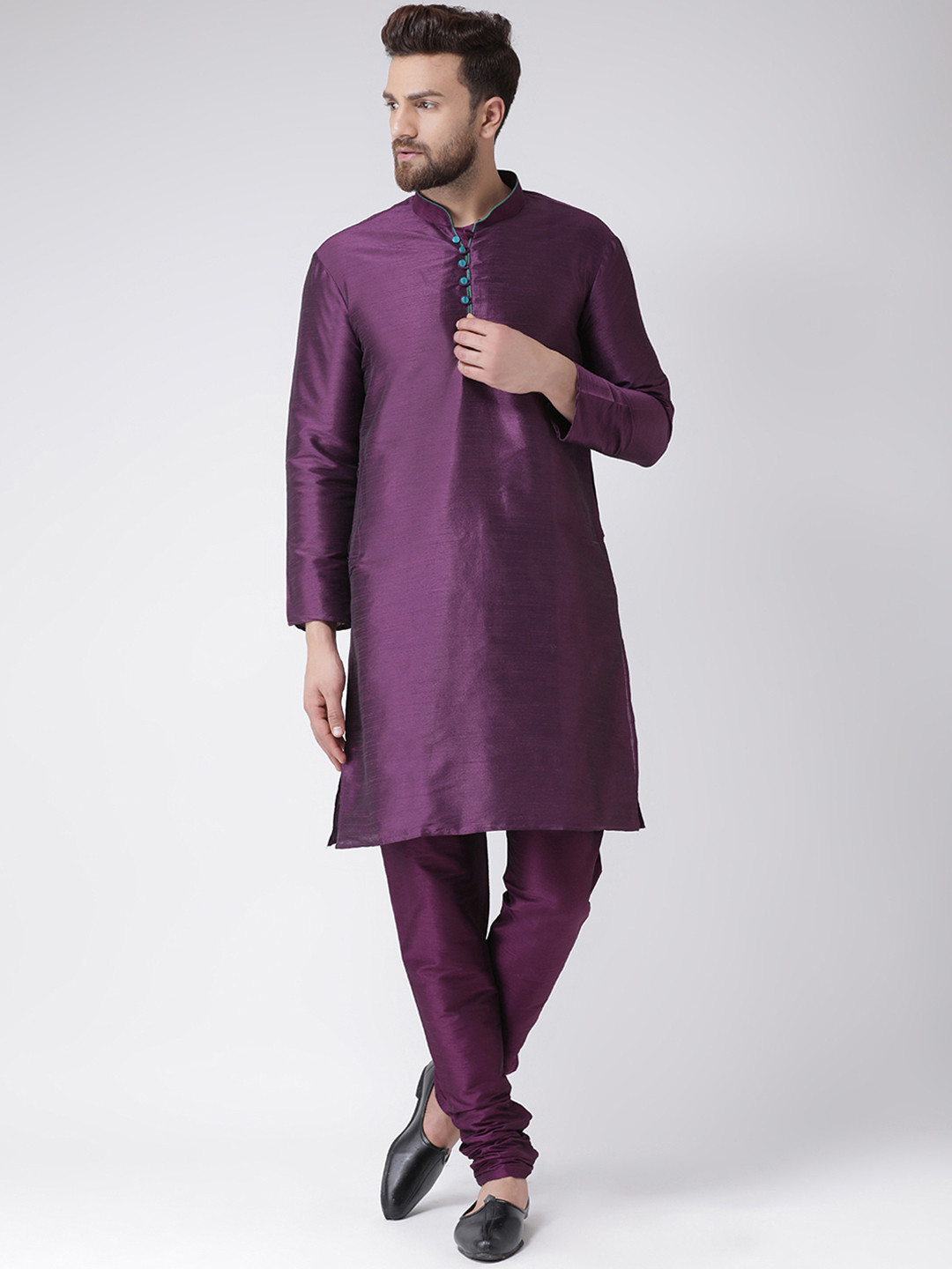 

Hangup Men Purple Solid Kurta with Churidar