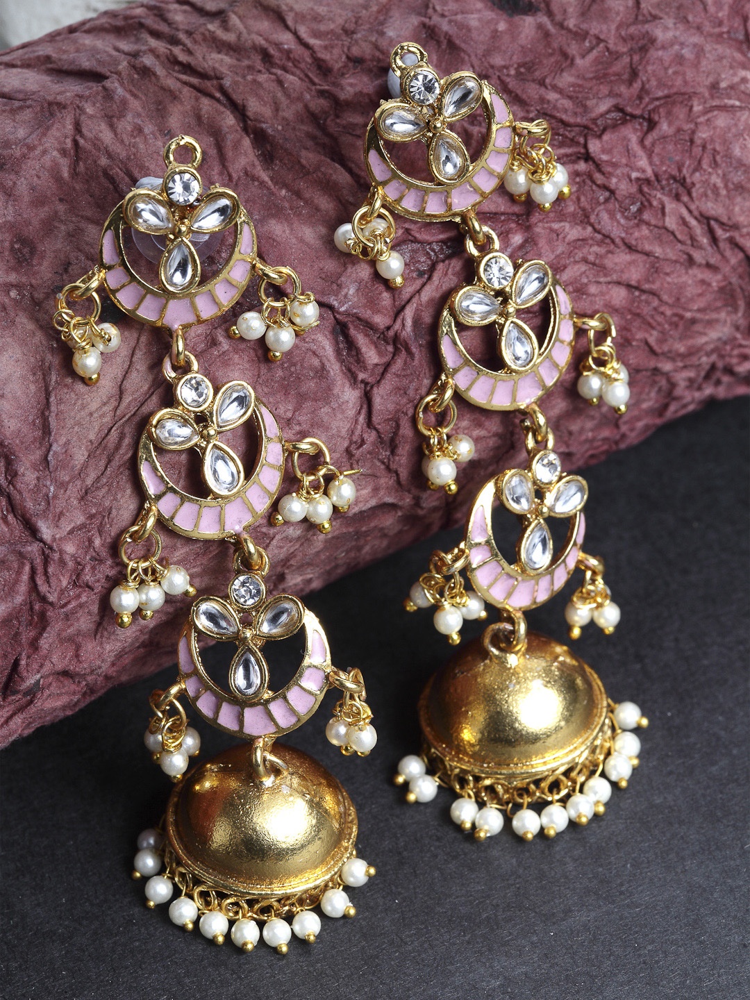 Priyaasi Gold-Plated & Pink Dome Shaped HandPainted Jhumkas